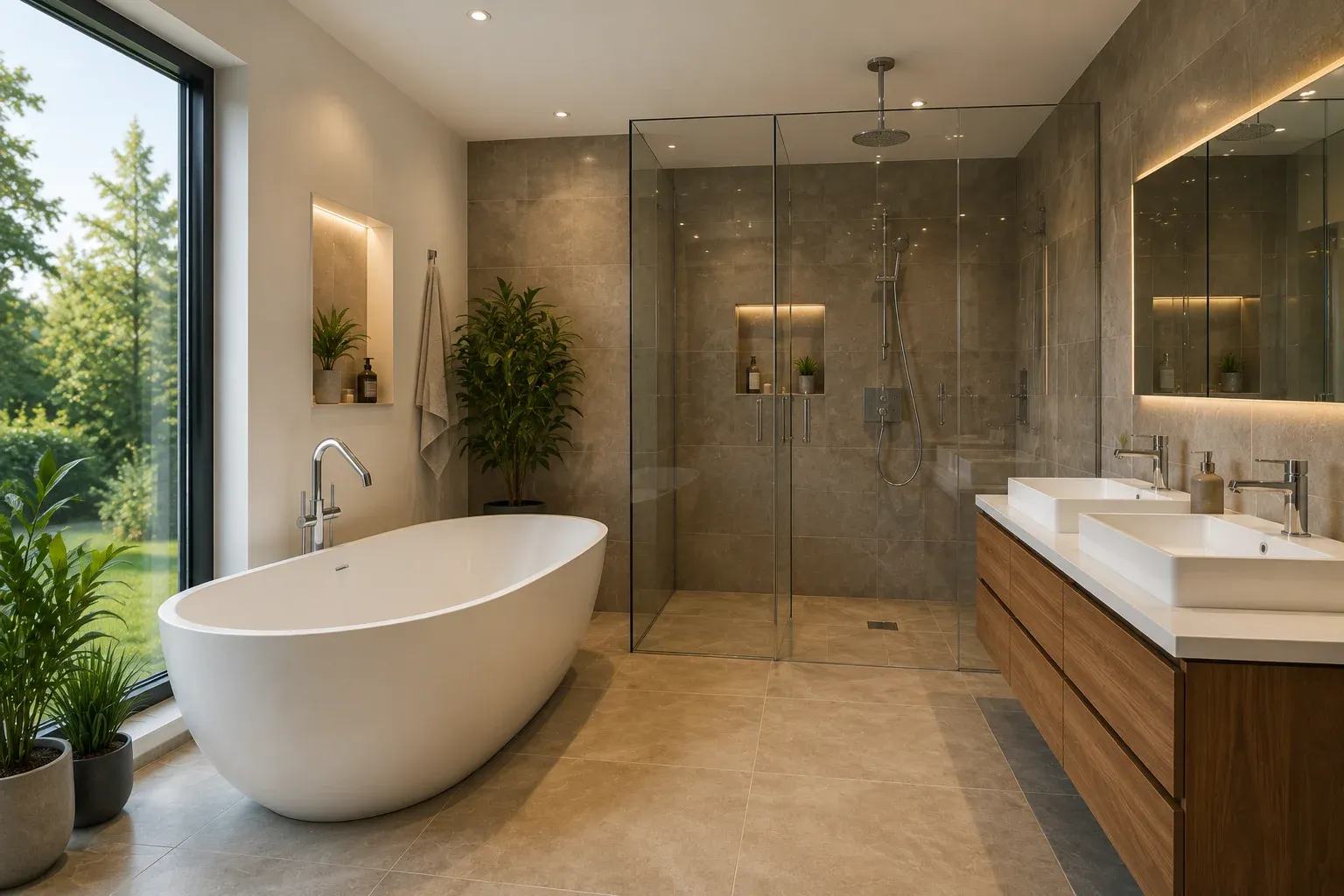 Modernes Bad mit freistehender Wanne und offener Dusche