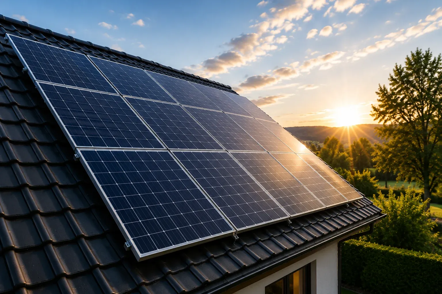 Photovoltaikanlage auf einem Ziegeldach im Sonnenuntergang