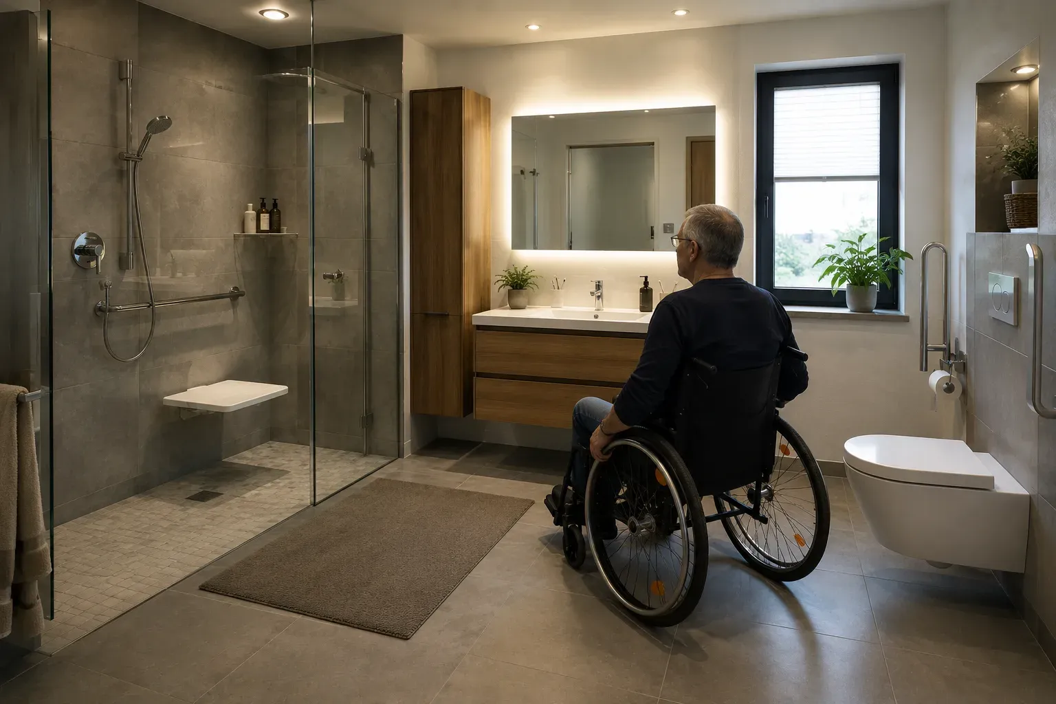 Barrierearmes Bad mit bodengleicher Dusche, Haltegriffen und wandhängendem WC