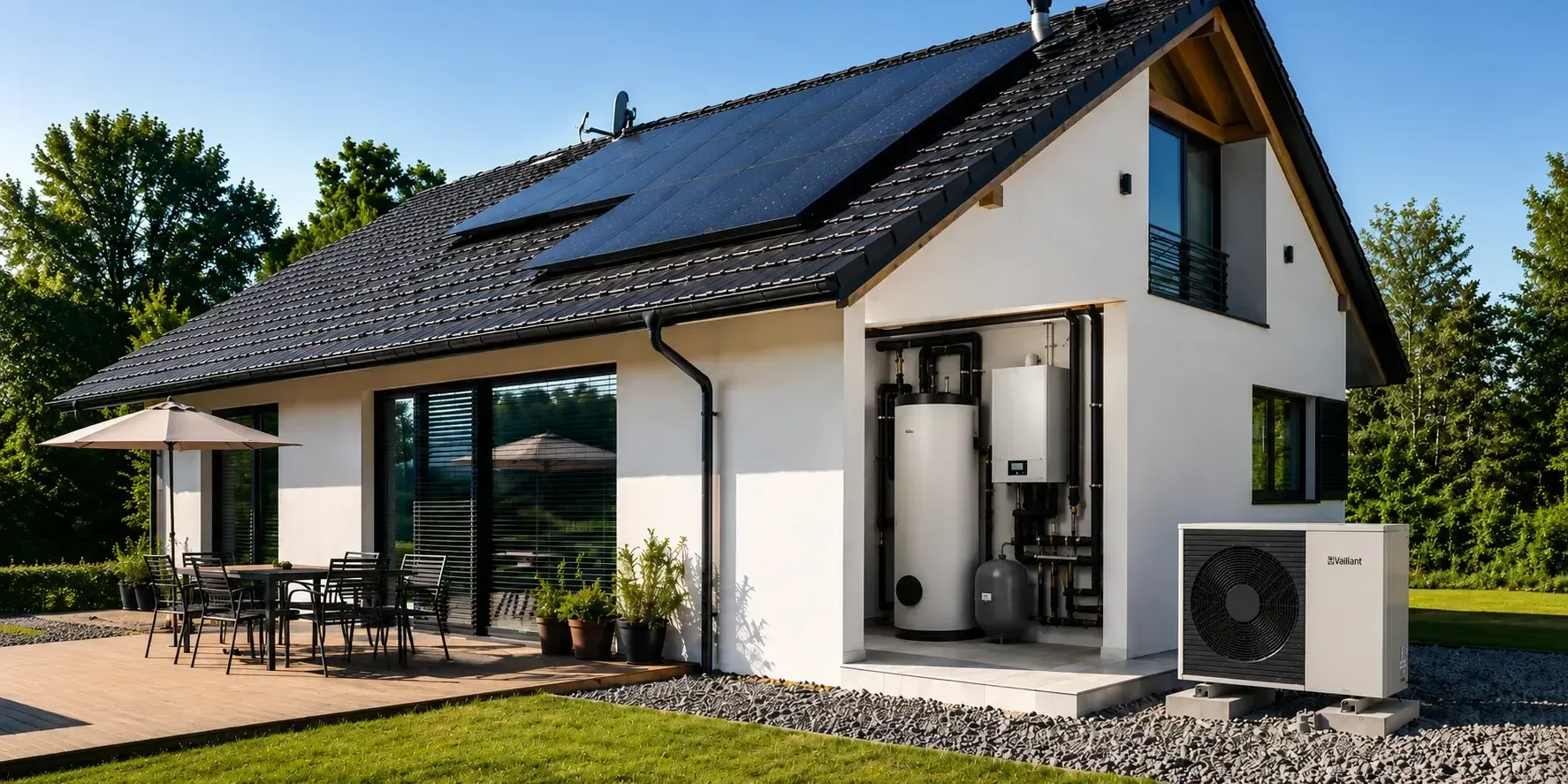 Modernes Einfamilienhaus mit Photovoltaikanlage und Luft-Wärmepumpe
